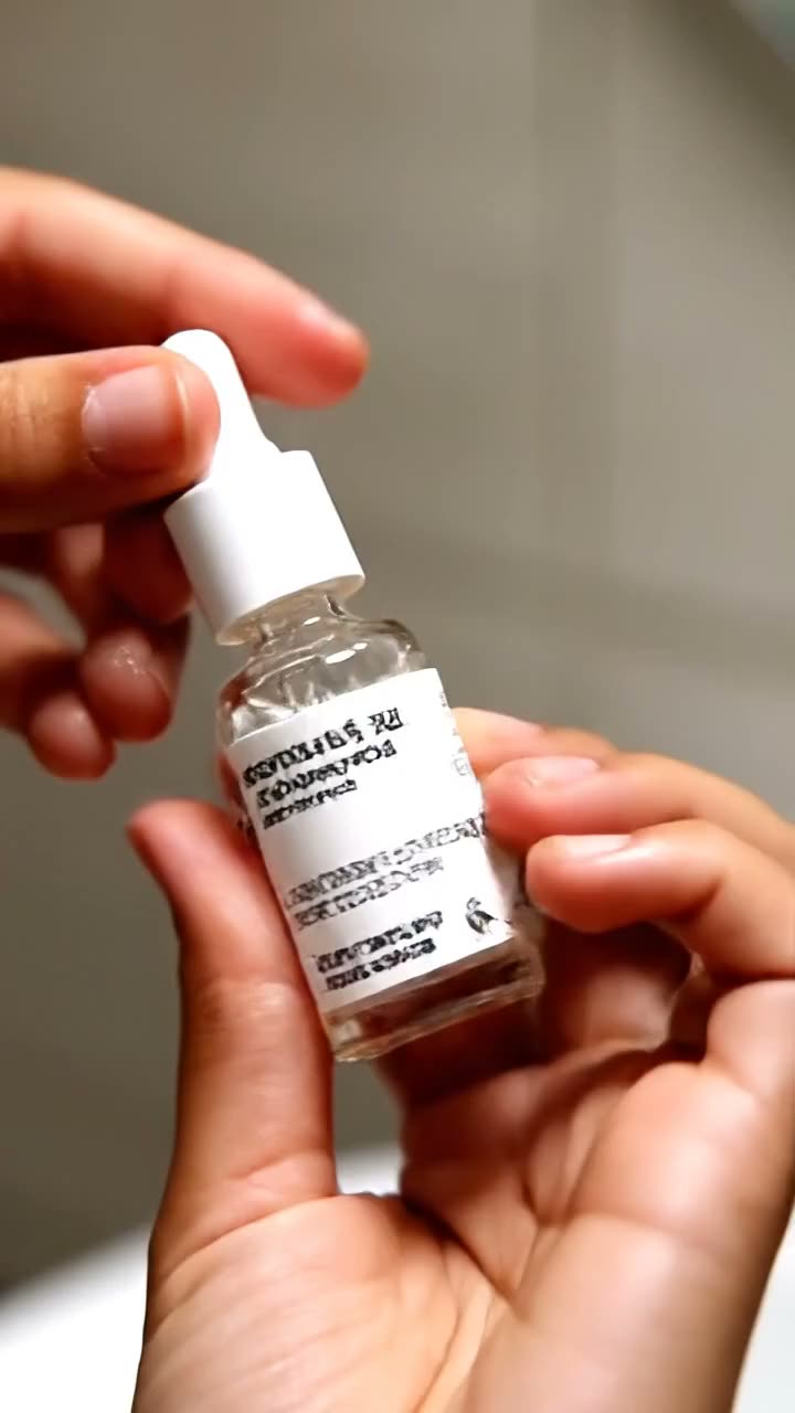 Mãos mostrando um frasco de sérum facial